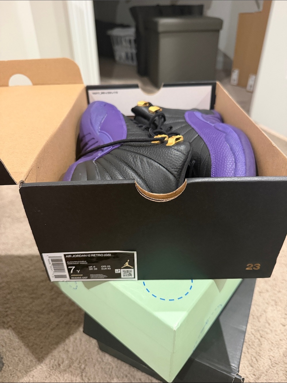 Jordan Kids Retro 12 Sneakers - Black/Purple with Gold Accents